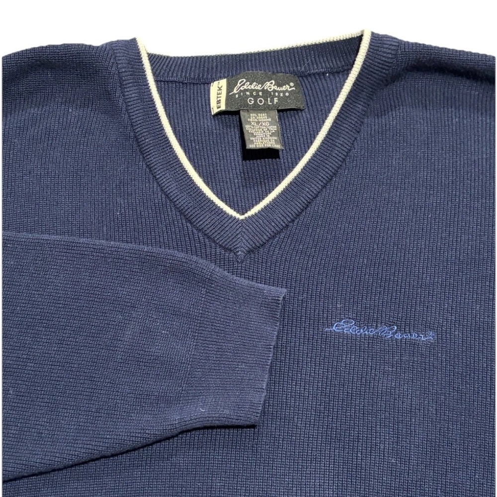 VTG Eddie Bauer EBTEK Golf Sweater Mens XL Navy Blue V-Neck Pullover Pockets 90s